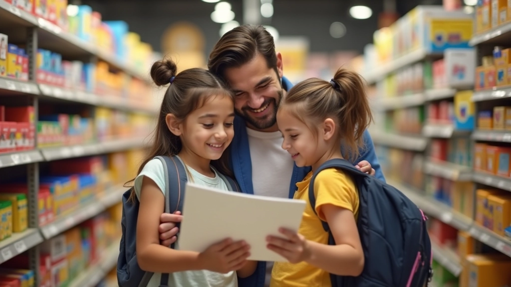 Famille dans un magasin de fournitures scolaires, regardant une liste en souriant, produits en rayon colorés