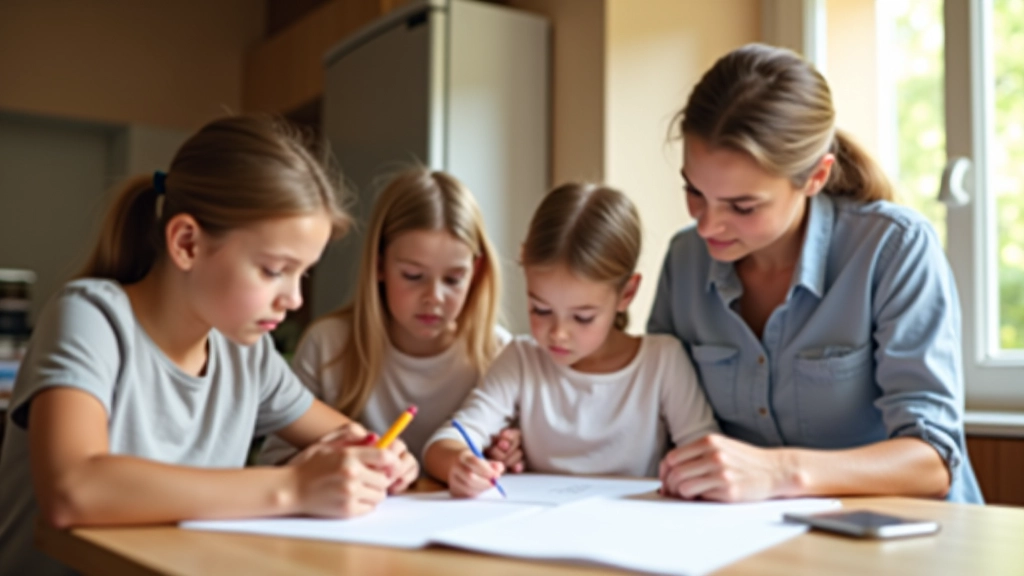 Famille planifiant le budget avec des enfants d'âges différents, montrant comment gérer les allocations par enfant