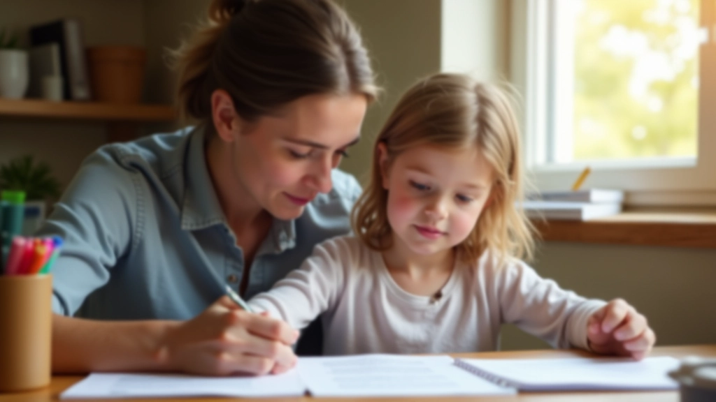 Parent et enfant parcourant une liste de fournitures scolaires, stylos et cahiers sur table en bois