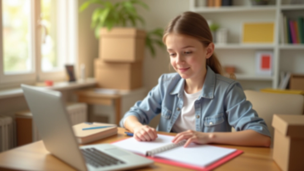 Personne sur ordinateur commandant des fournitures scolaires en ligne, emballages de livraison visibles