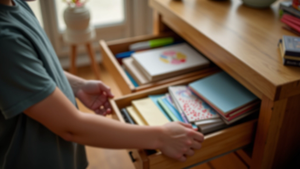 Personne ouvrant un tiroir rempli de fournitures scolaires anciennes, cahiers et stylos stockés