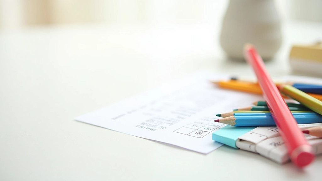Reçus de magasins de fournitures, crayons colorés et cahiers empilés sur table claire