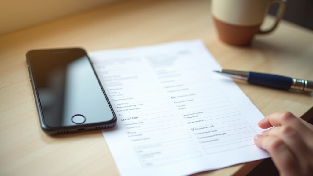 Smartphone et feuille de papier côte à côte montrant une checklist, stylo et tasse de café sur une table