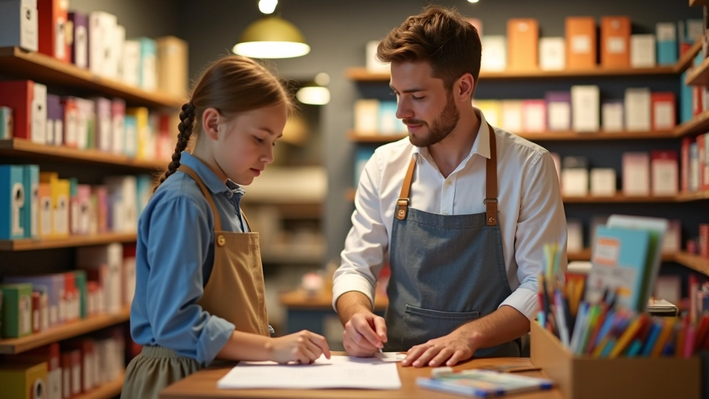 Intérieur de papeterie avec fournitures organisées par catégorie et vendeur conseillant un client