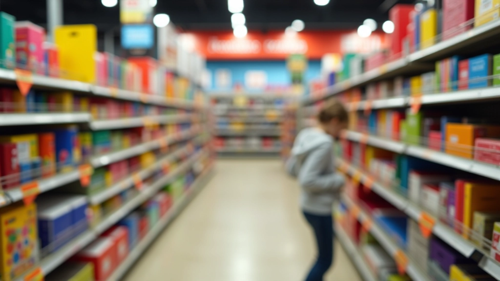 Étalage de magasin avec fournitures scolaires colorées et étiquettes de prix comparables