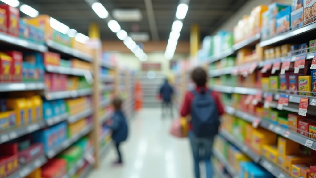 Rayon fournitures scolaires en supermarché avec prix affichés et sélection limitée