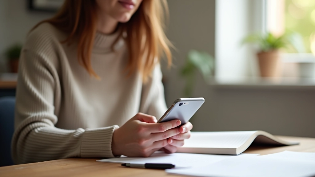 Femme consultant une liste de fournitures scolaires sur son téléphone à côté d'un panier d'achats